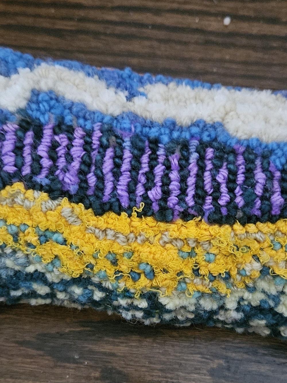 Handcrafted Fiber Art Accent in Purple, Yellow, Blue & Cream
